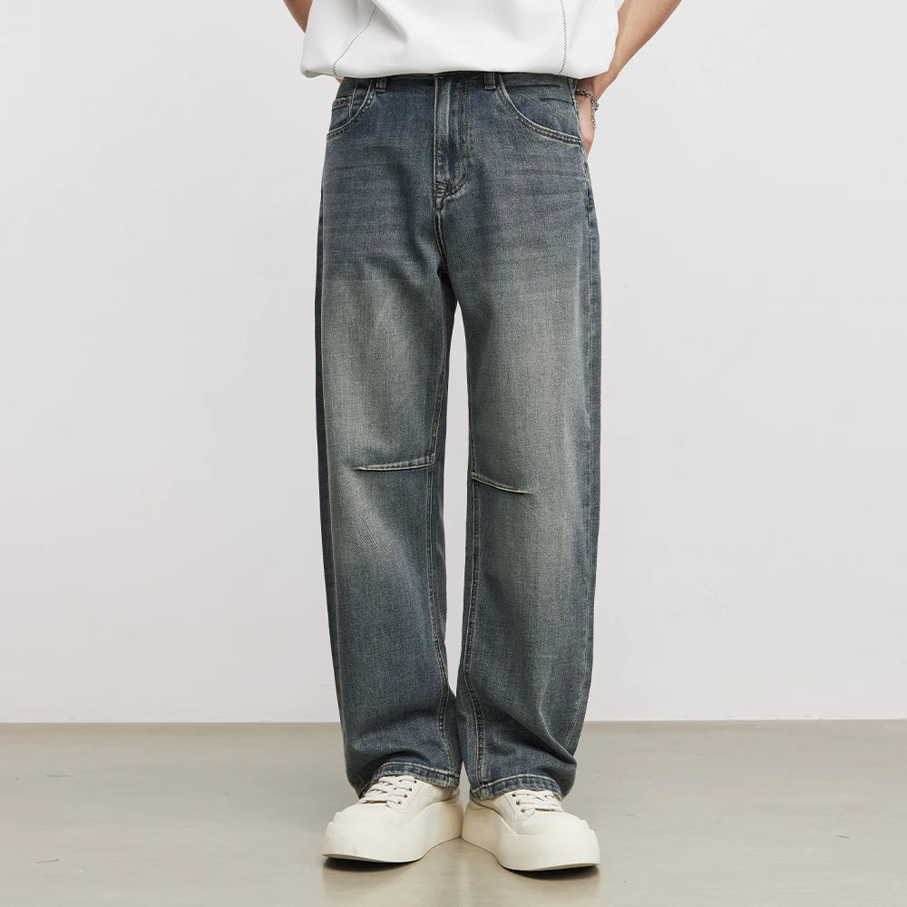 Men’s Vintage Washed Cut-Off Jeans – Loose Straight Wide Leg Denim Pants