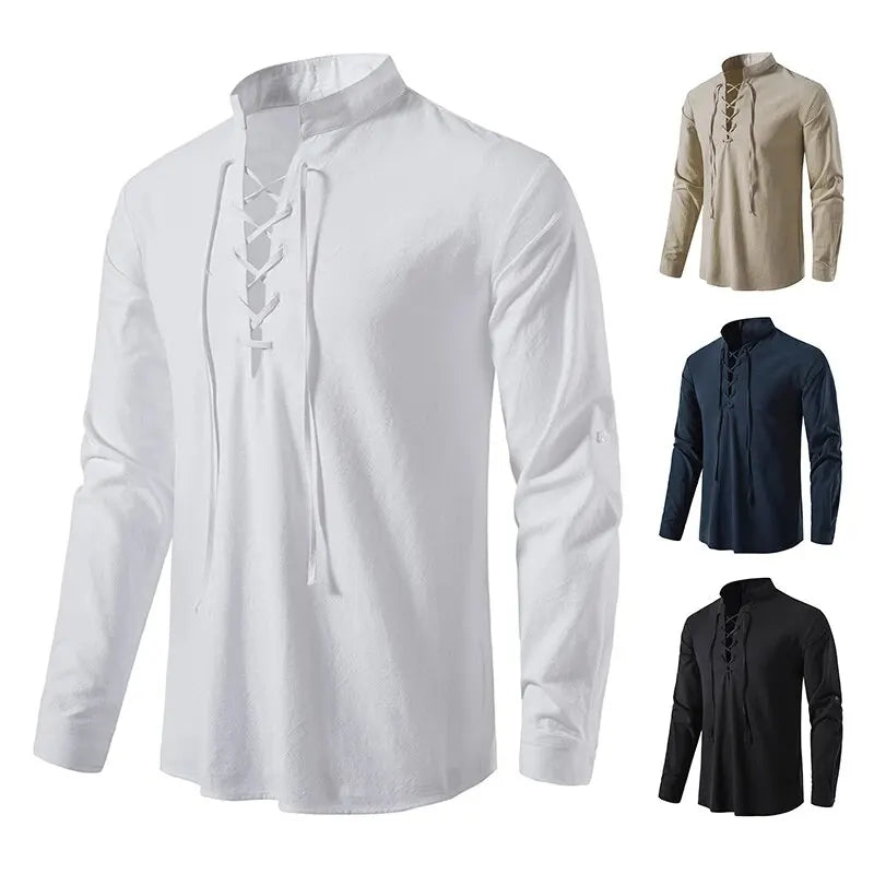 Men’s Cotton Linen Drawstring Shirt – Vintage Long Sleeve Casual Top