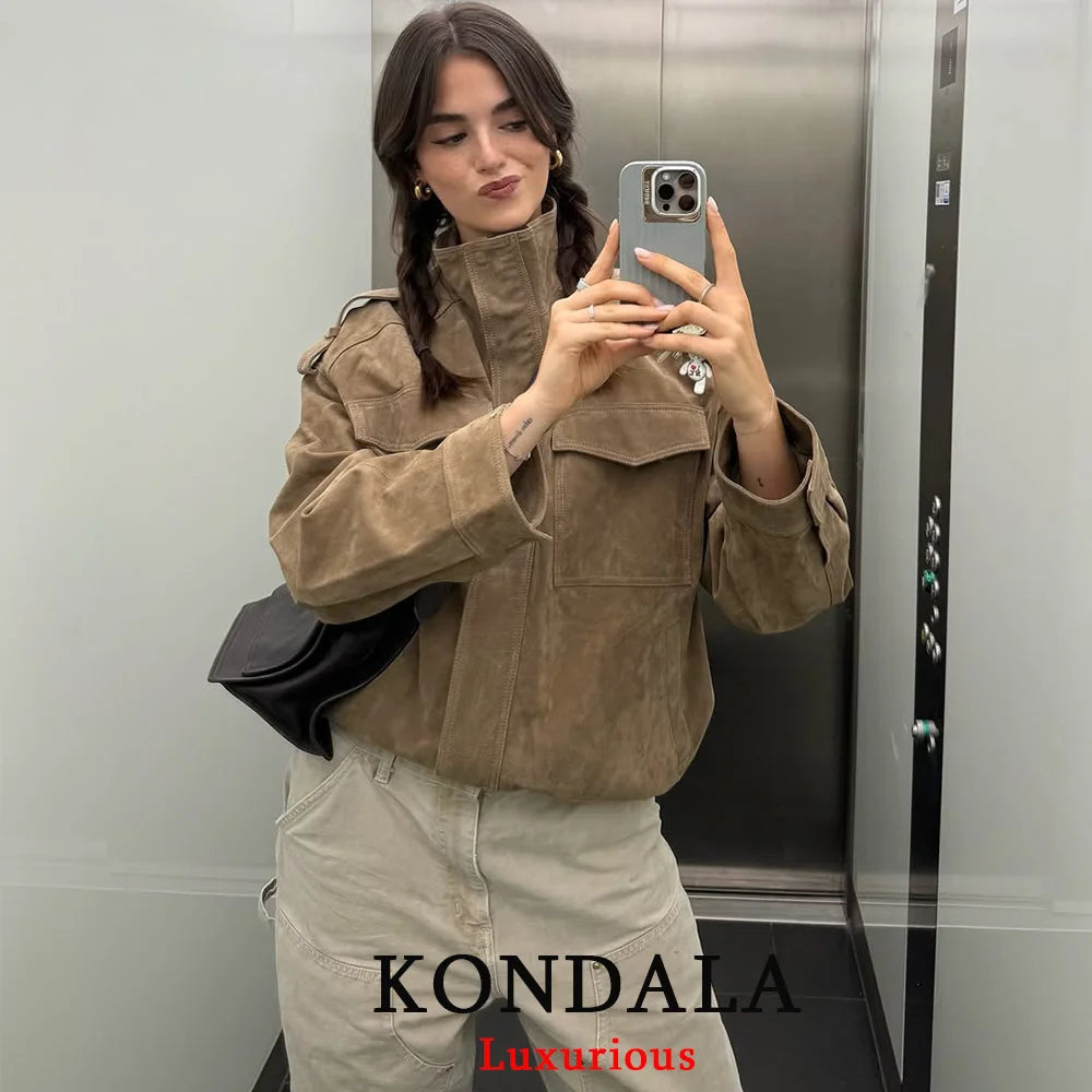 Women’s Suede Bomber Jacket – Loose Fit Long Sleeve Pocket Coat