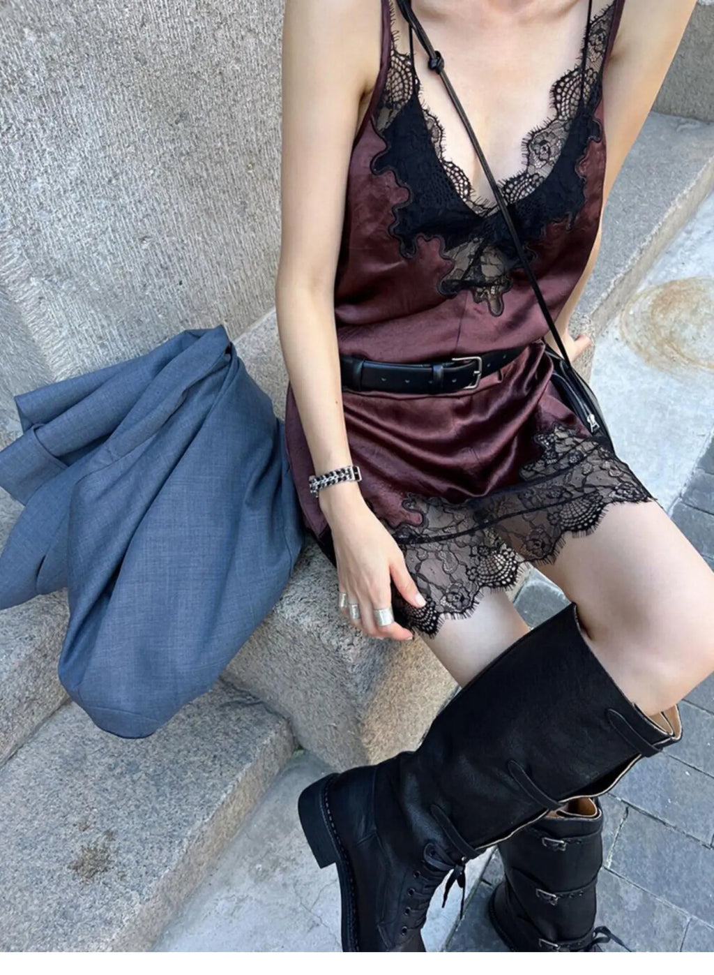 Silky Lace Strap Slip Dress – Women’s Deep V Neck Sleeveless Mini Dress