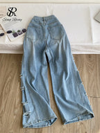 Women’s Distressed Wide Leg Jeans – Loose Fit Y2K Streetwear Denim Pants