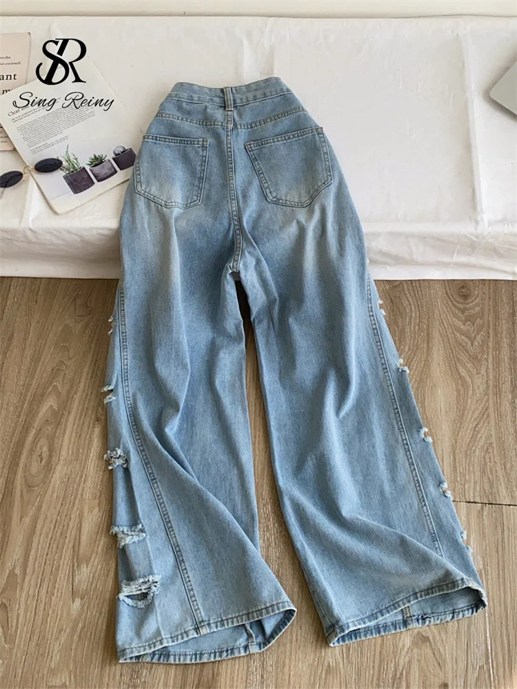 Women’s Distressed Wide Leg Jeans – Loose Fit Y2K Streetwear Denim Pants