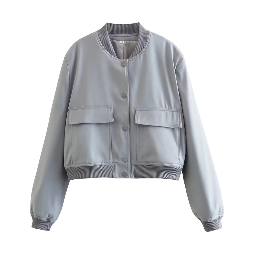 Women’s Vintage Button-Up Bomber Jacket – Long Sleeve Casual Outerwear