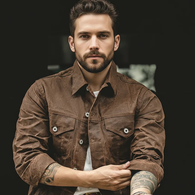 Men’s Retro Waxed Canvas Jacket – Waterproof Khaki Hunting Work Coat
