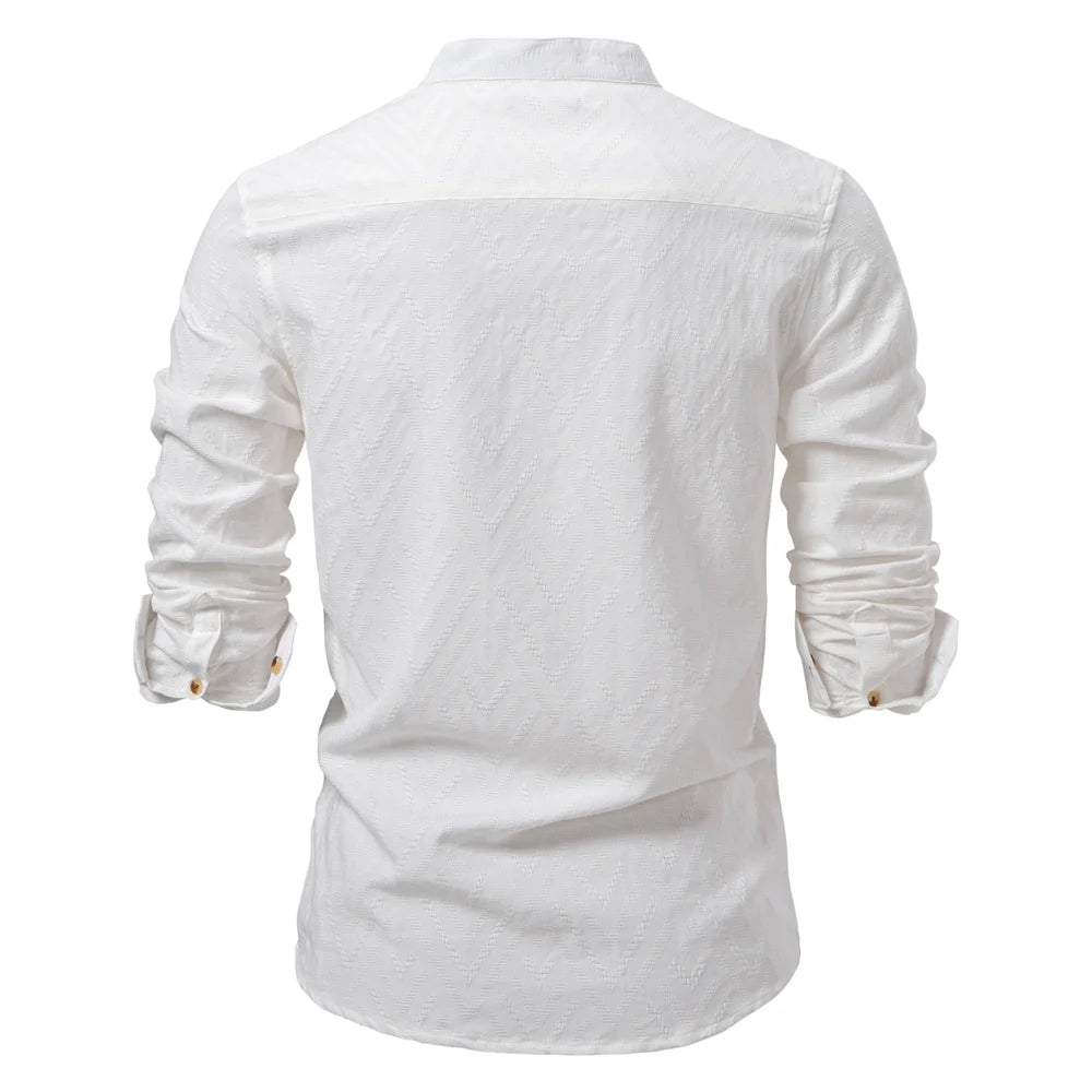 Men’s 100% Cotton Half-Button Shirt – Solid Color Casual Long Sleeve Top