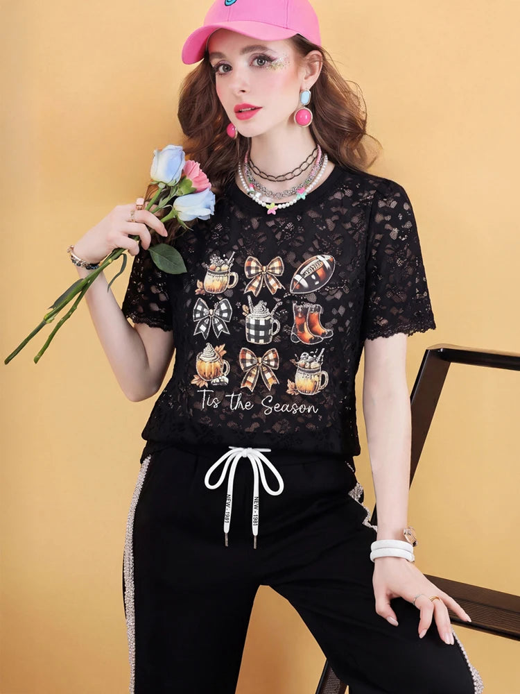 Women’s Vintage Black Lace Graphic Tee