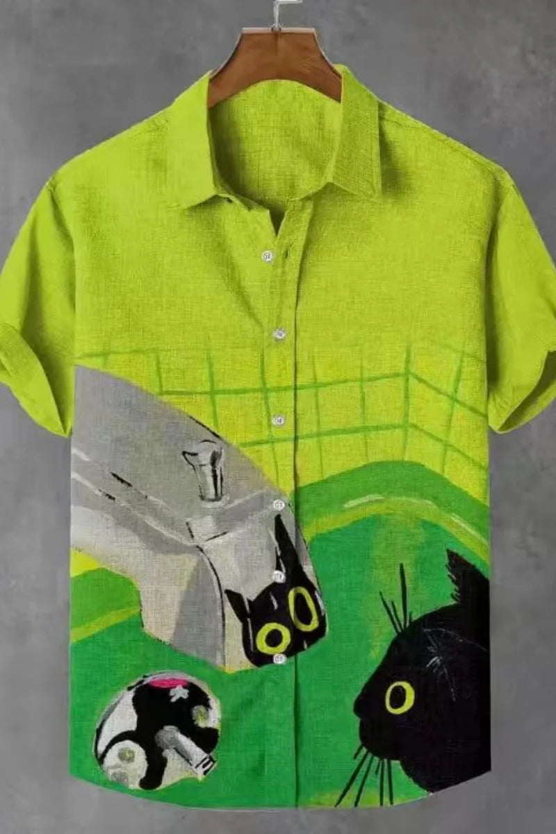 Men’s Cat Print Button-Up Shirt – Oversized Short Sleeve Summer Hawaiian Top