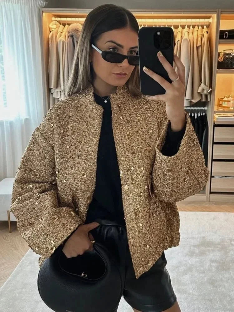 Women’s Sequin Bomber Jacket – Chic Long Sleeve Fall Outerwear