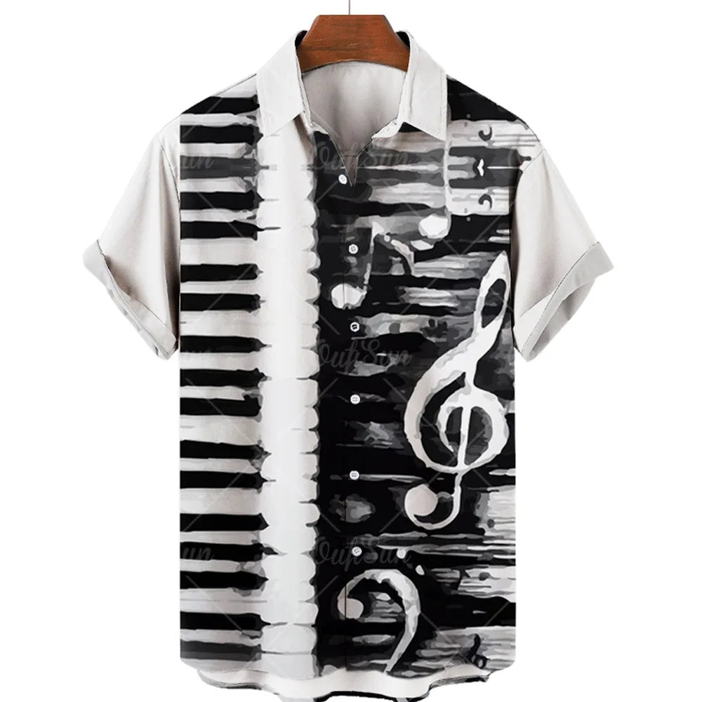 Men’s 3D Musical Note Print Shirt – Short Sleeve Open Front Casual Top