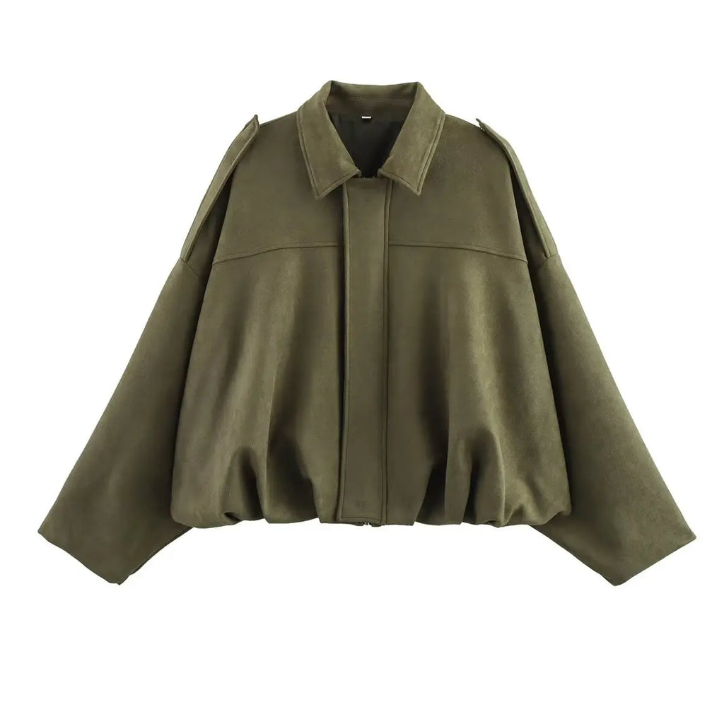 Suede Oversized Bomber Jacket – Women’s Long Sleeve Zip-Up Coat