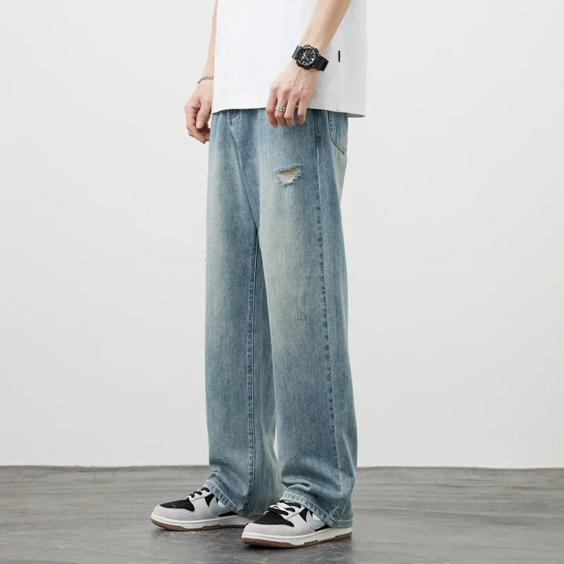 Men’s Vintage Ripped Baggy Jeans – Distressed Straight Leg Denim Pants