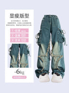 Women’s Blue Cargo Jeans – High Waist Vintage Baggy Denim Pants