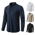 Men’s Cotton Linen Drawstring Shirt – Vintage Long Sleeve Casual Top