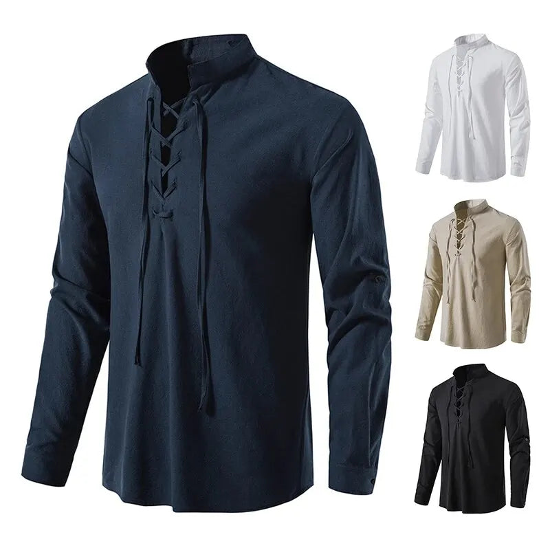 Men’s Cotton Linen Drawstring Shirt – Vintage Long Sleeve Casual Top