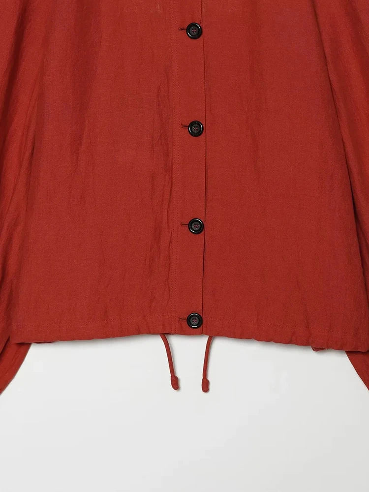 Women’s Red Cropped Bomber Jacket – Loose Fit Stand Collar Coat