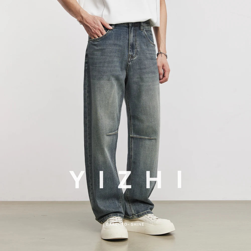 Men’s Vintage Washed Cut-Off Jeans – Loose Straight Wide Leg Denim Pants