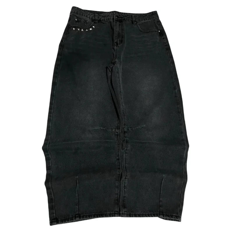 Washed Black Monster Embroidery Jeans – Unisex Baggy Wide Leg Denim Pants
