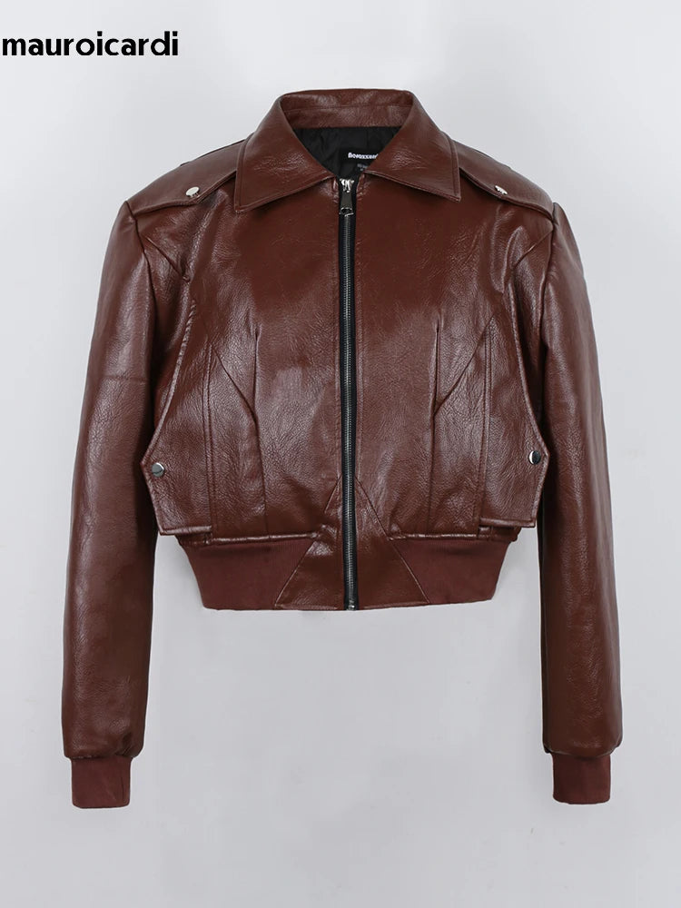 Men’s Oversized PU Leather Jacket – Black Shoulder Pad Zip-Up Coat