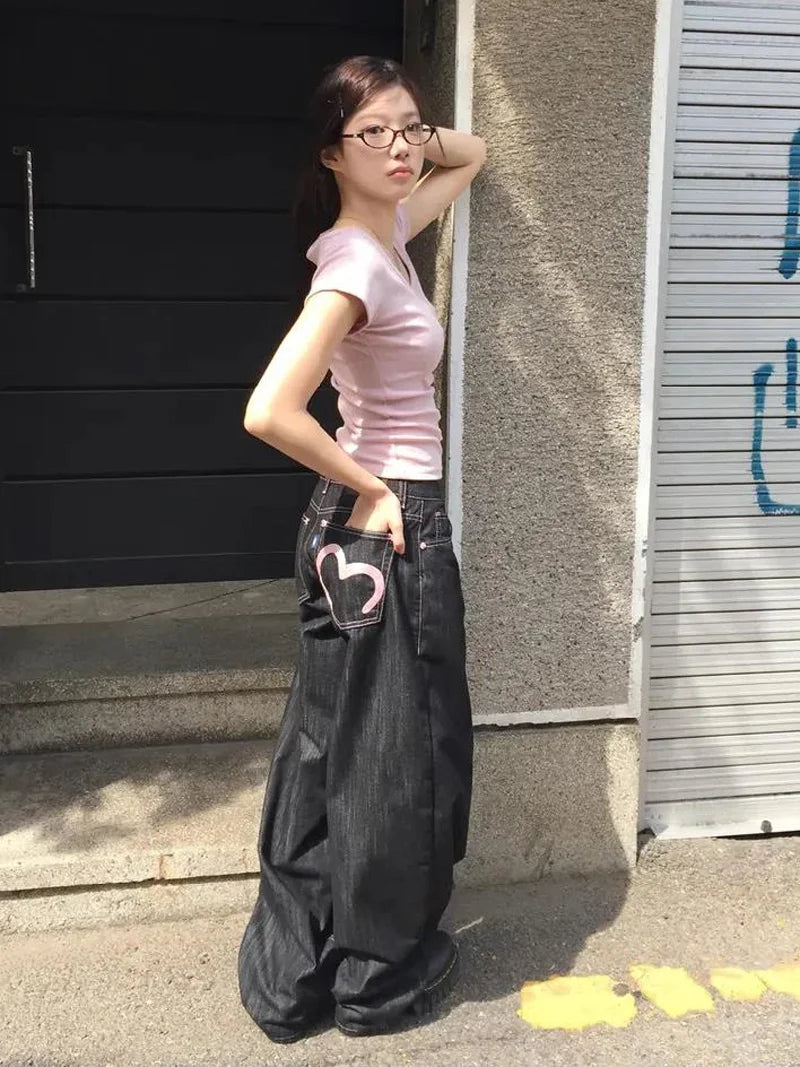 Women’s Y2K Wide Leg Baggy Jeans – Vintage Grunge Denim Pants