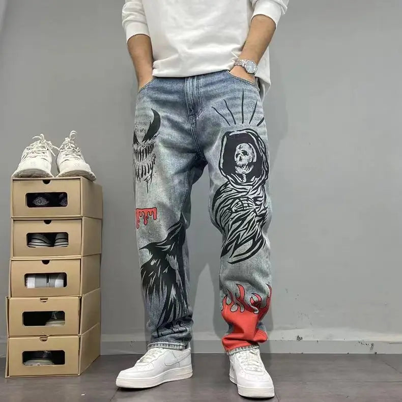 Men’s Flame Skull Print Jeans – Baggy Streetwear Denim Pants