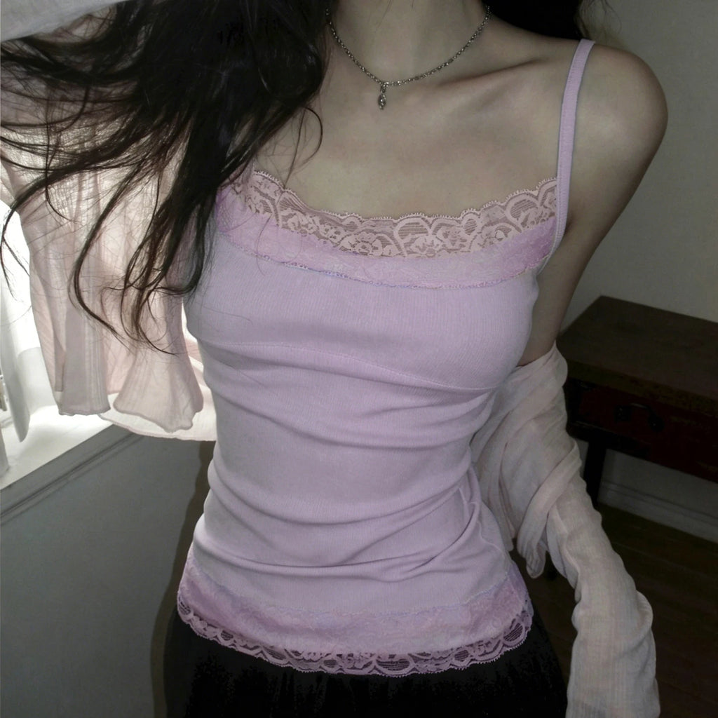 Lace Trim Patchwork Camisole – Women’s Y2K Spaghetti Strap Tank Top