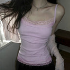 Lace Trim Patchwork Camisole – Women’s Y2K Spaghetti Strap Tank Top