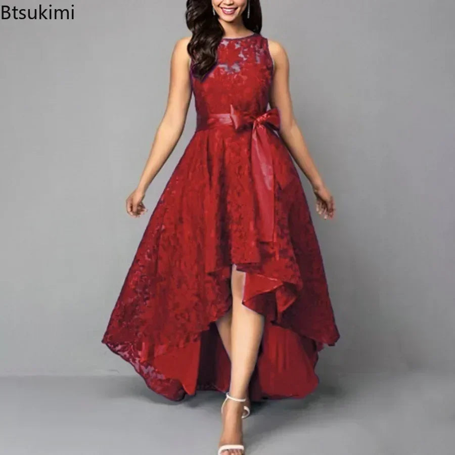 Elegant Lace Bridesmaid Maxi Dress – Women’s High Waist Bow Evening Gown