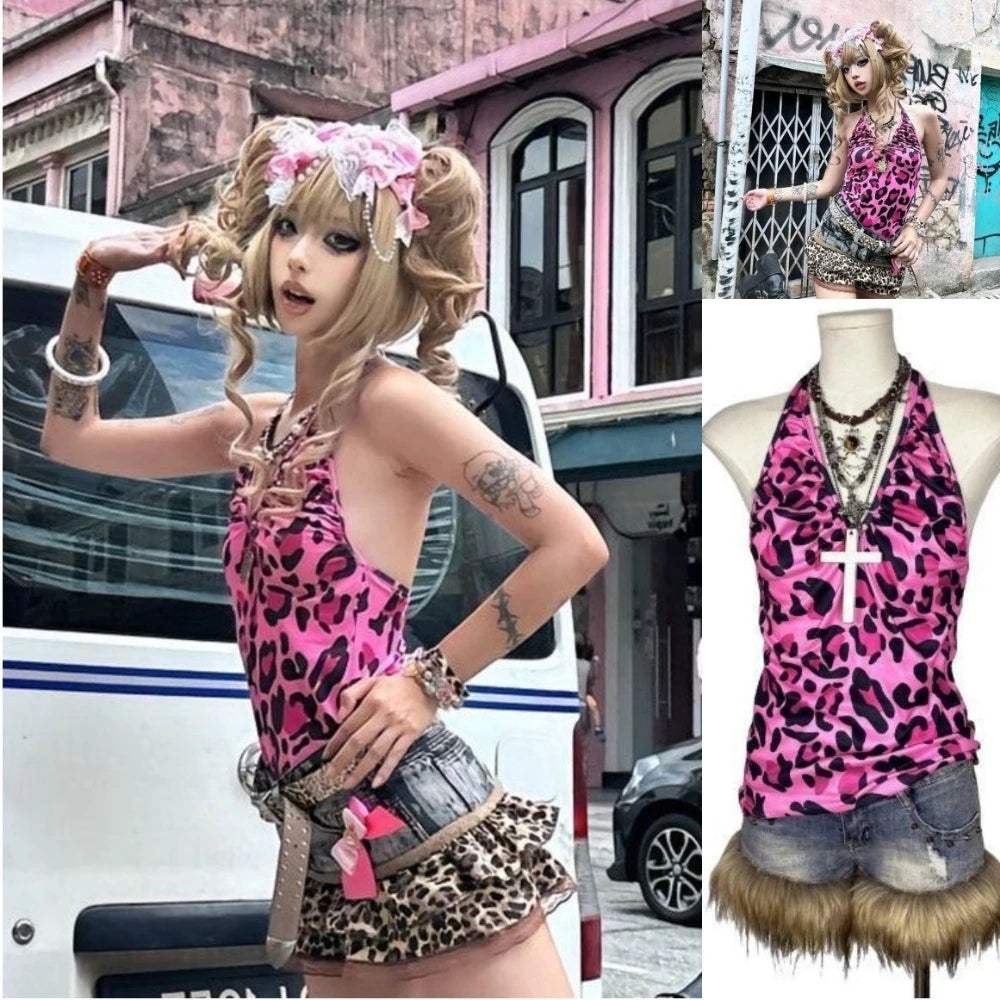 Vintage Leopard Lace Patchwork Cami – Women’s Y2K Sleeveless Summer Top