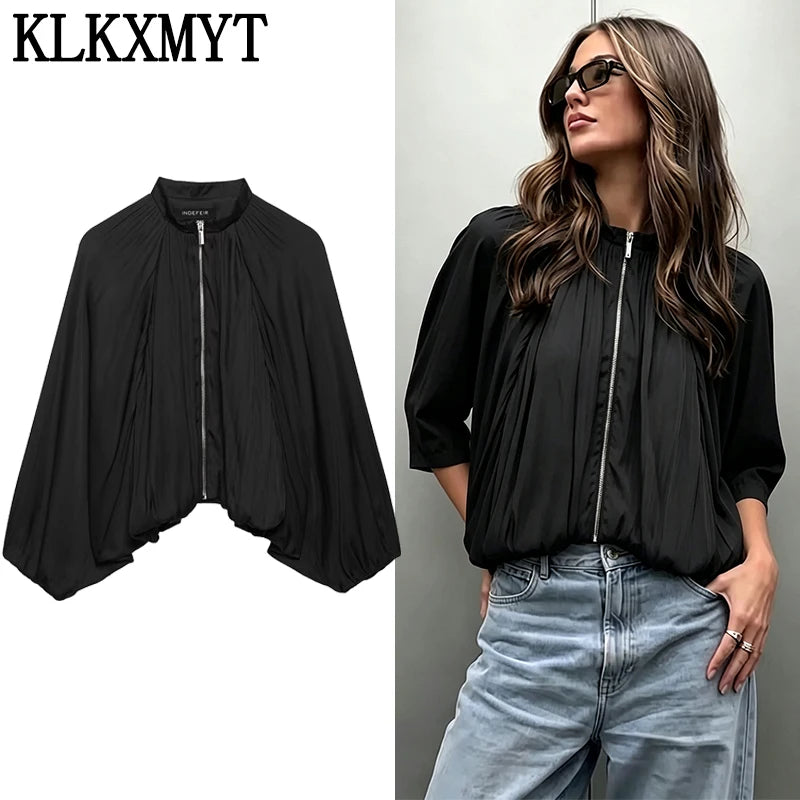 Women’s Cropped Satin Bomber Jacket – Black Zip-Up Streetwear Coat