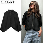 Women’s Cropped Satin Bomber Jacket – Black Zip-Up Streetwear Coat