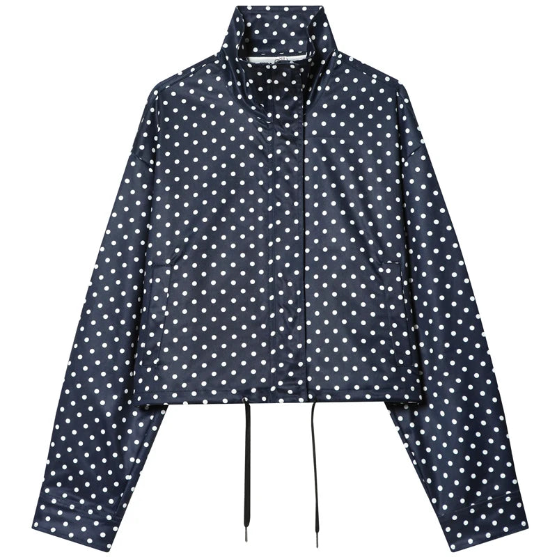 Polka Dot Bomber Jacket – Women’s Oversized Zip Up Outerwear