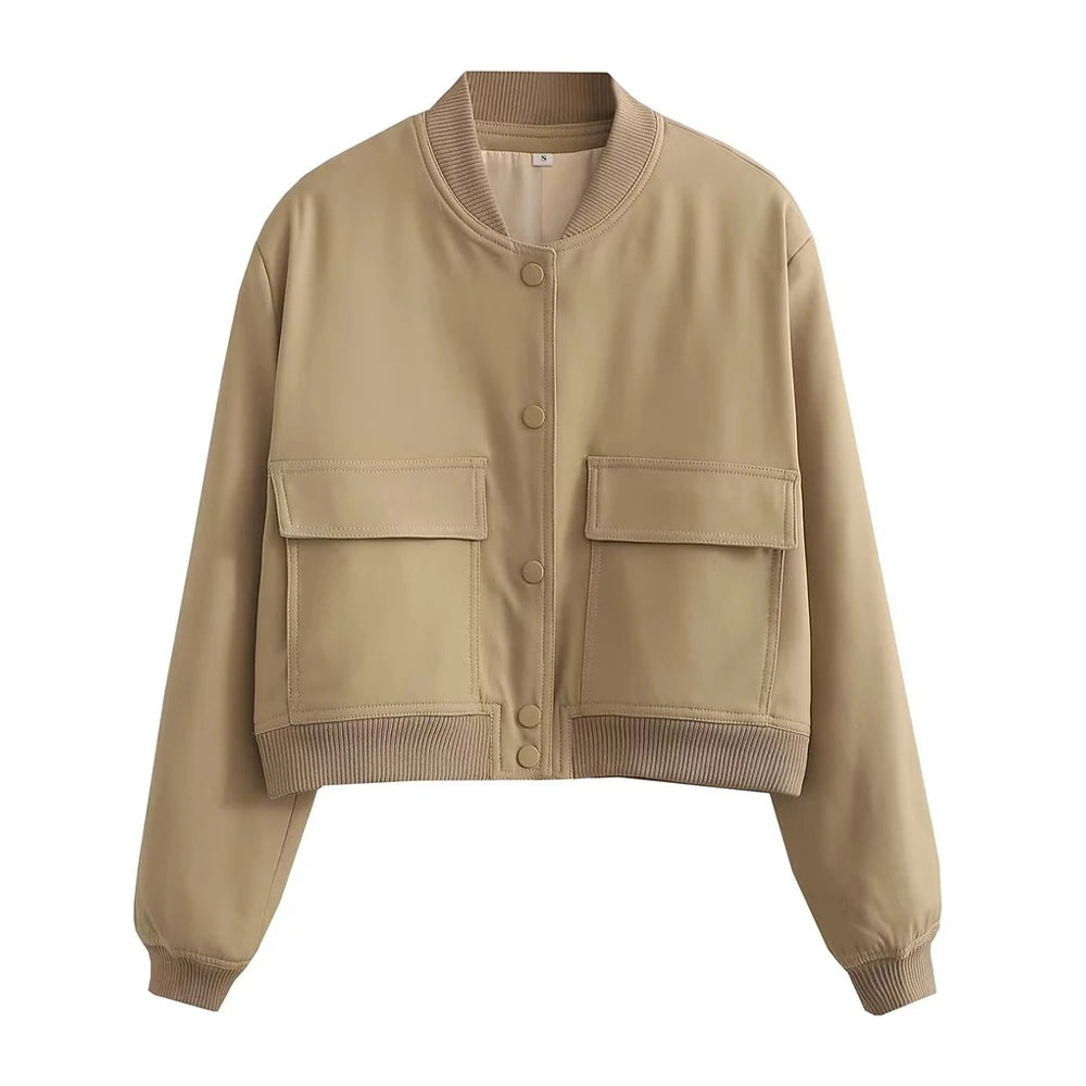 Women’s Vintage Button-Up Bomber Jacket – Long Sleeve Casual Outerwear