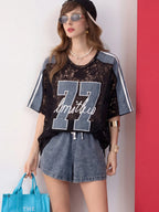Women’s Lace Denim Patch Streetwear T-Shirt