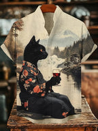 Men’s Linen Printed Shirt – Japanese Style Stand Collar Casual Top