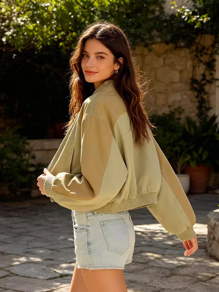Women’s Washed Bomber Jacket – Loose Stand Collar Zip-Up Coat