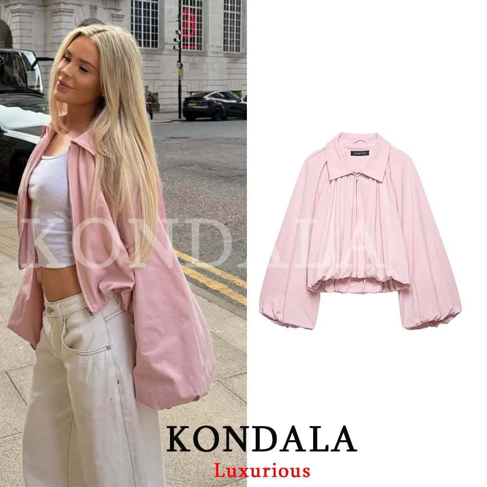 Women’s Pink Lantern Sleeve Bomber Jacket – Chic Zip-Up Spring Coat