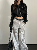 Women’s Cropped Baseball Bomber Jacket – Black Zip-Up Spring Outerwear