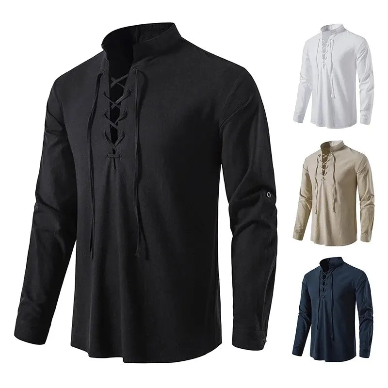 Men’s Cotton Linen Drawstring Shirt – Vintage Long Sleeve Casual Top