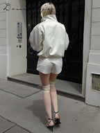 Women’s Satin Stand Collar Jacket – Loose Fit Drawstring Hem Coat