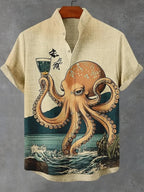 Men’s Linen Printed Shirt – Japanese Style Stand Collar Casual Top