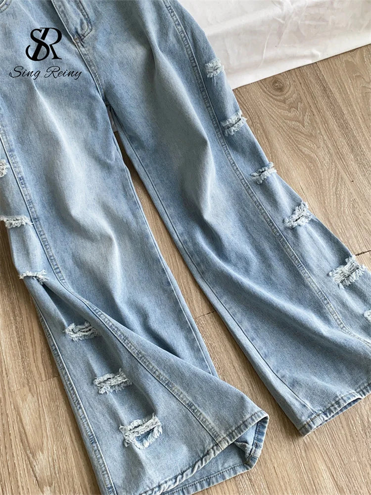 Women’s Distressed Wide Leg Jeans – Loose Fit Y2K Streetwear Denim Pants