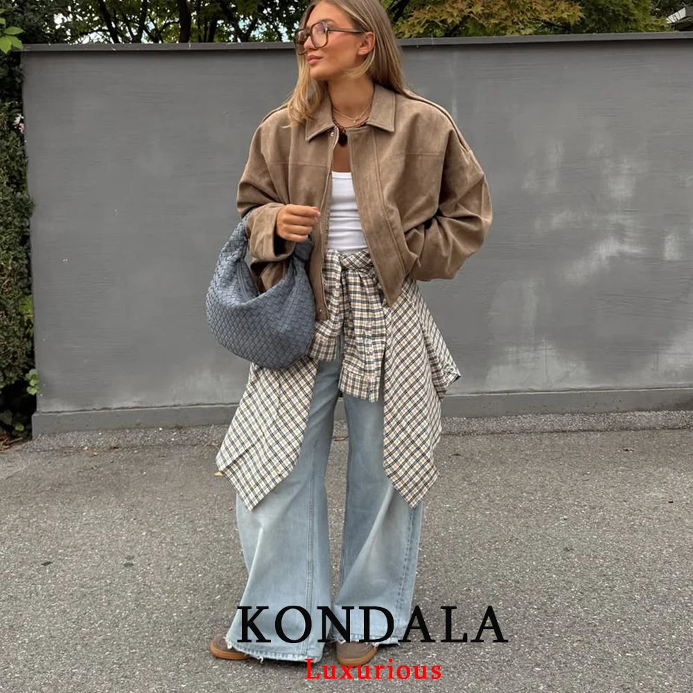 Women’s Khaki Suede Bomber Jacket – Oversized Zip-Up Coat