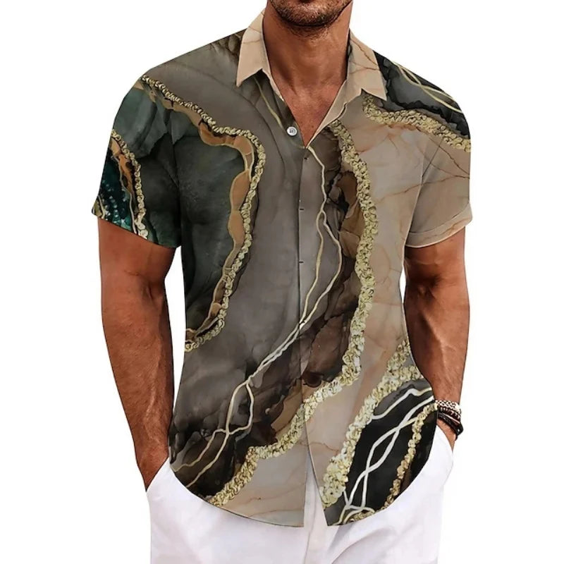 Men’s Vintage Patchwork Printed Shirt – Short Sleeve Tropical Vacation Top