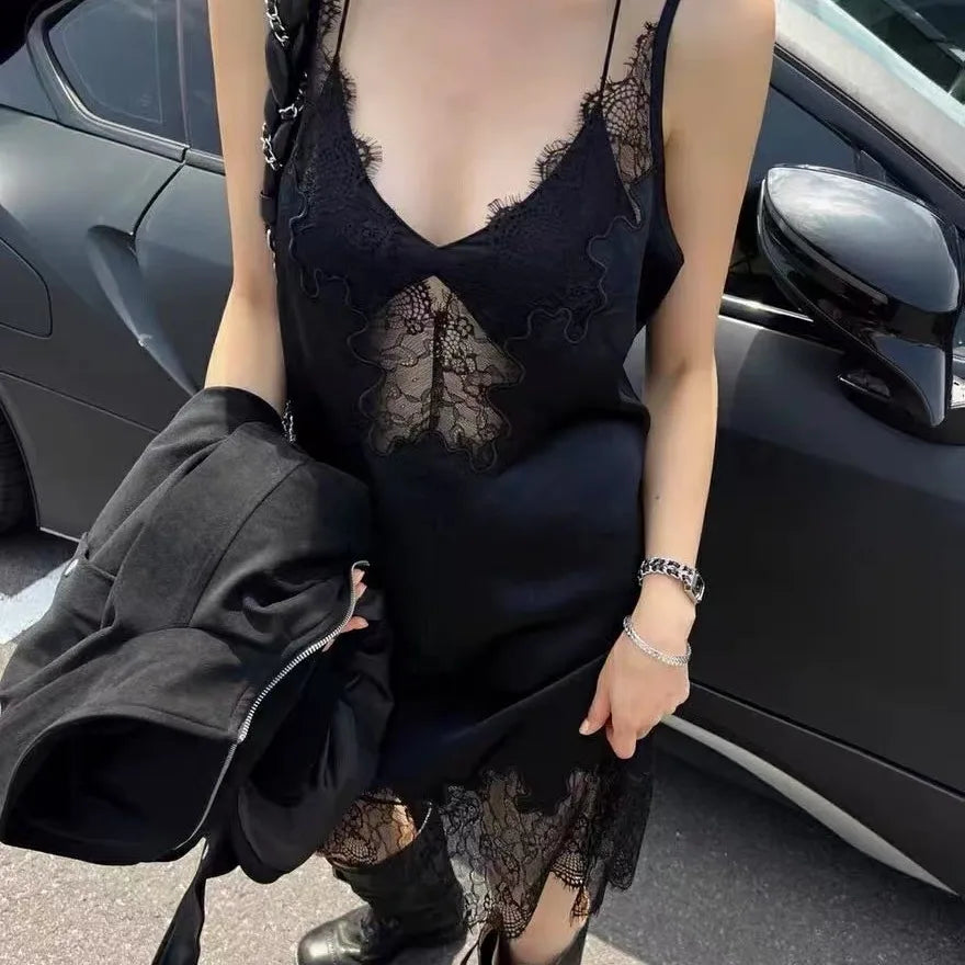 Silky Lace Strap Slip Dress – Women’s Deep V Neck Sleeveless Mini Dress