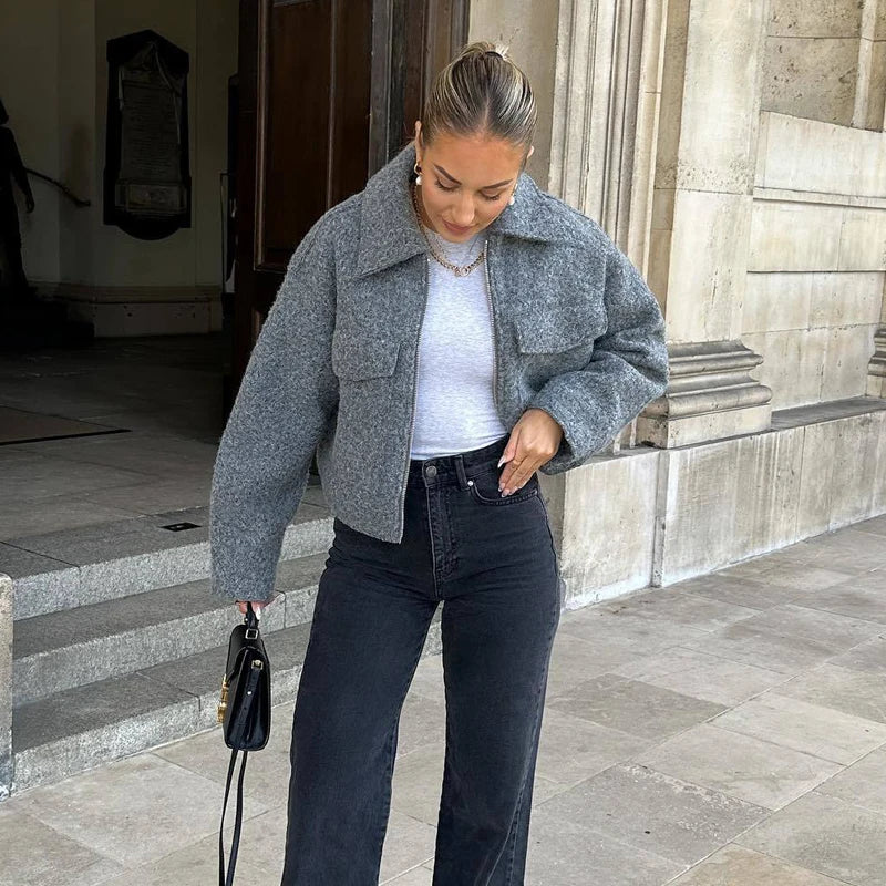 Women’s Tweed Cropped Bomber Jacket – Zip-Up Long Sleeve Outerwear