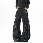 Men’s Multi Pocket Patchwork Jeans – Wide Leg Streetwear Denim Pants