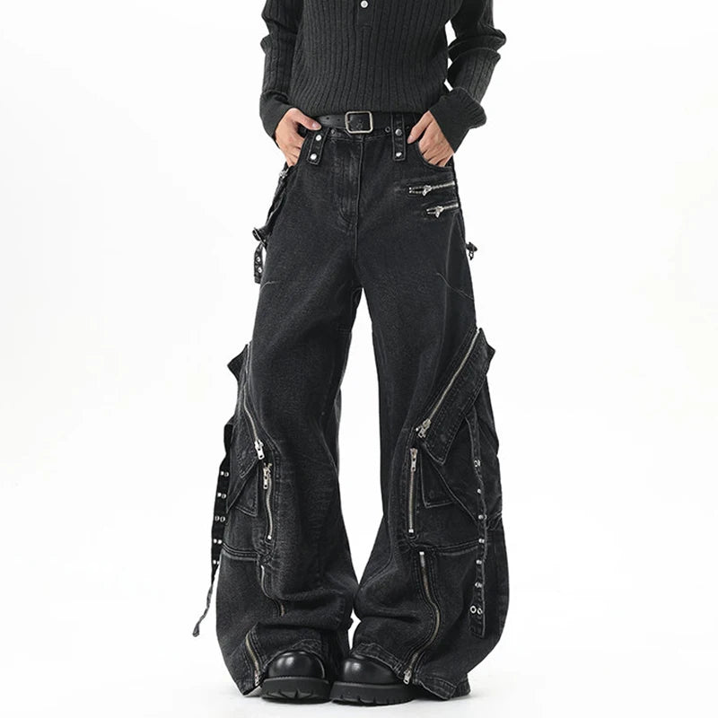 Men’s Multi Pocket Patchwork Jeans – Wide Leg Streetwear Denim Pants