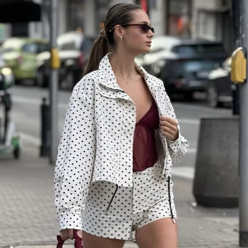 Polka Dot Bomber Jacket – Women’s Oversized Zip Up Outerwear