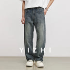 Men’s Vintage Washed Cut-Off Jeans – Loose Straight Wide Leg Denim Pants