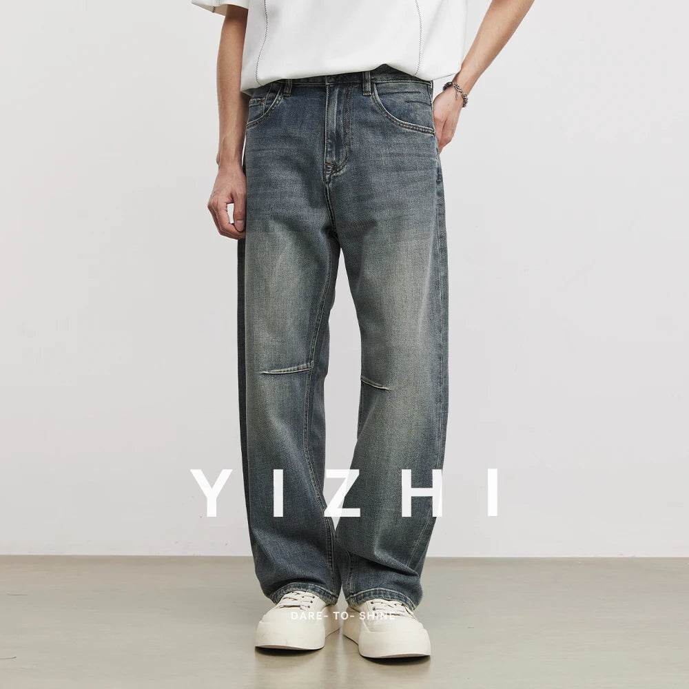 Men’s Vintage Washed Cut-Off Jeans – Loose Straight Wide Leg Denim Pants